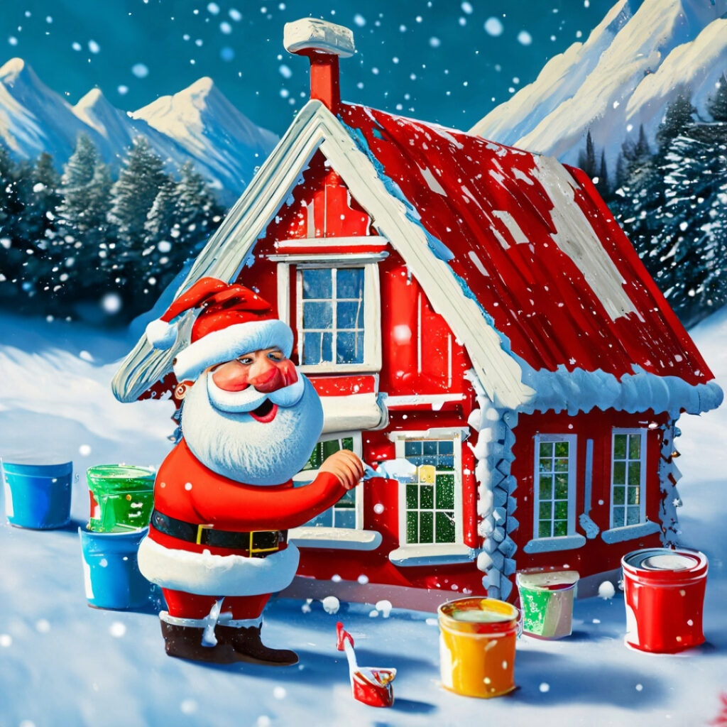 Julenissen maler snø på et rødt hus